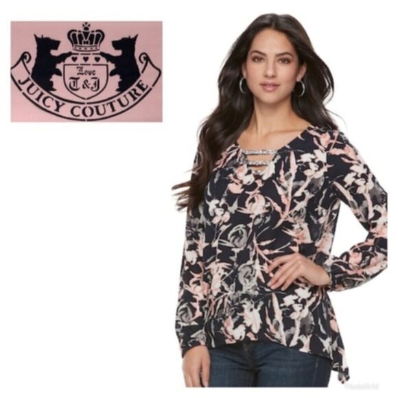 Juicy Couture Womens Blue Floral Rhinestone V Neck Long Sleeve Blouse Sz S New - Picture 5 of 9